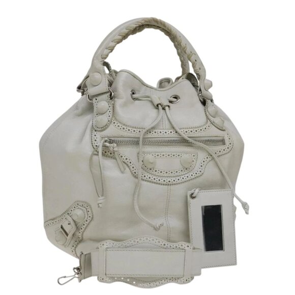 BALENCIAGA The Giant Pom Pom Hand Bag Leather 2way White 204540 Auth yk16673V - Picture 1 of 16